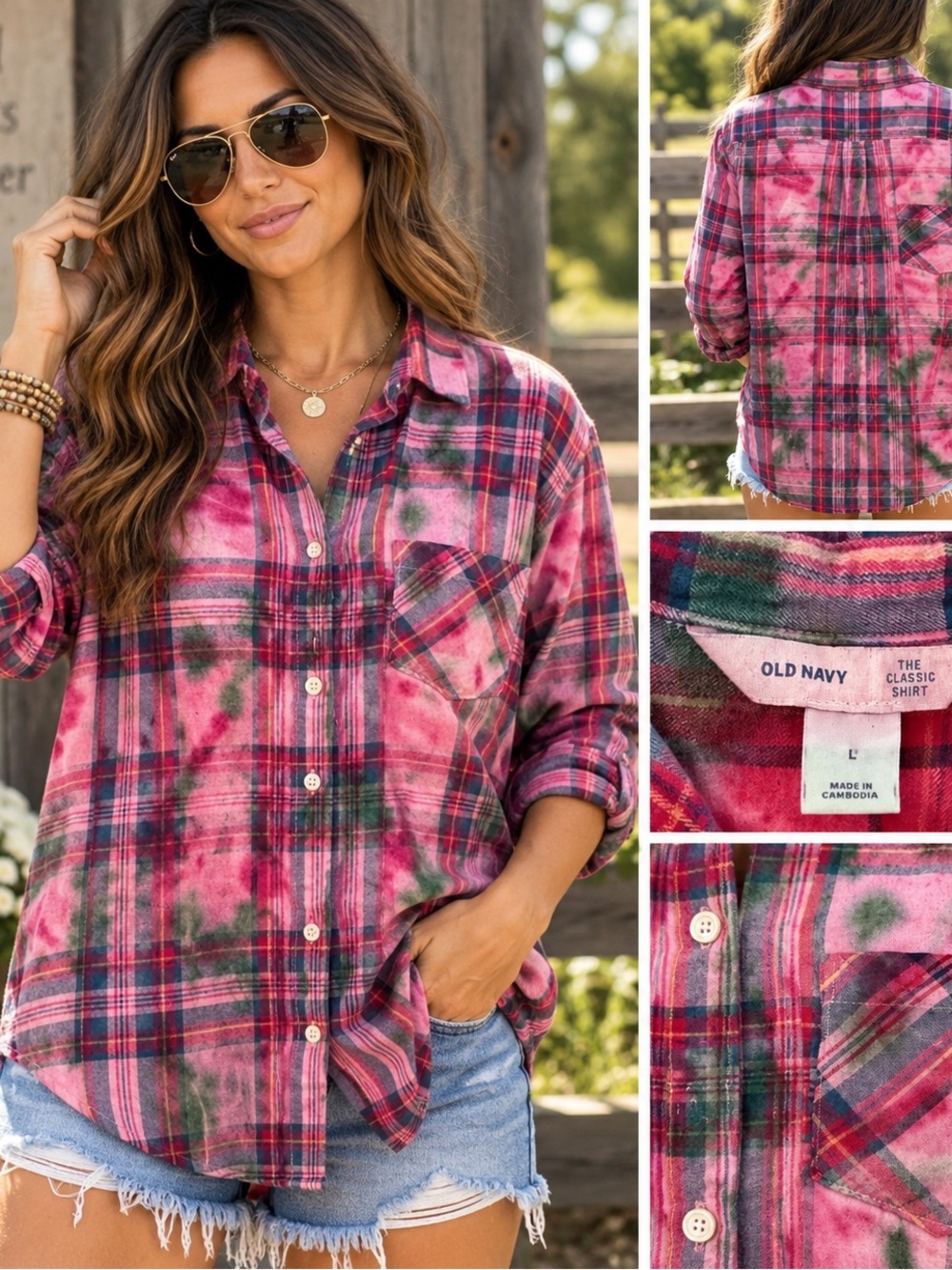 Old Navy Pink Plaid Tie-dyed Flannel  Distressed Grunge